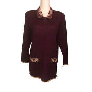 Vintage JACLYN SMITH Sz S Women's Wine & Gold Metallic Pearl Collared Sweater